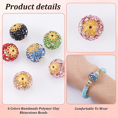 PandaHall Elite 60Pcs 6 Color Handmade Polymer Clay Rhinestone Beads PORC-PH0001-38-1