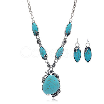 Bohemian Ethnic Style Alloy with Synthetic Turquoise Teardrop Pendant Necklaces & Oval Dangle Earrings Sets FS-WGCAAC5-01-1