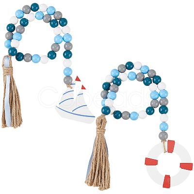 2Pcs 2 Styles Wood Beaded Hanging Ornaments HJEW-GF0001-56C-1