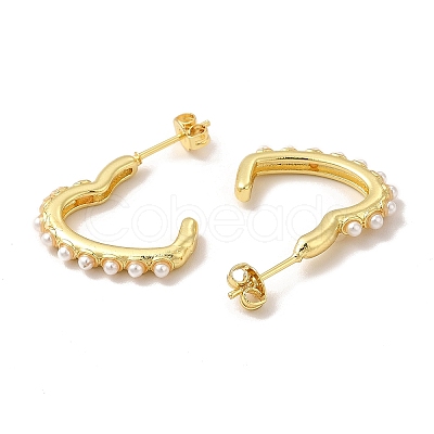 Rack Plating Brass Heart Stud Earrings with Plastic Imitation Pearl Beaded for Women EJEW-G342-17G-1
