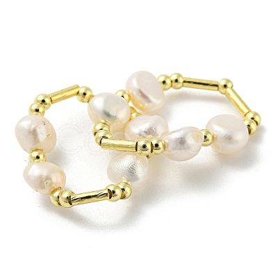 Brass & Natural Pearl Beaded Stretch Finger Ring RJEW-H220-44G-1