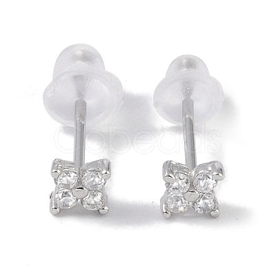 Rhodium Plated Clover 999 Fine Silver Cubic Zirconia Stud Earrings for Women LS-EJEW-S215-16P-1