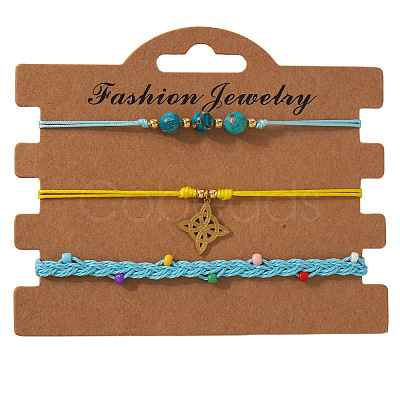 3Pcs 3 Styles Natural Imperial Jasper & Glass Round Beads Braided Bead Bracelets & Brass Triqueta Charm Bracelets Set IA6330-2-1