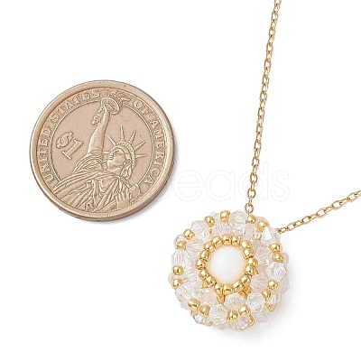 Natural Mashan Jade & Glass Seed Beaded Flat Round Pendant 304 Stainless Steel Cable Chain Necklaces NJEW-MZ00129-02-1