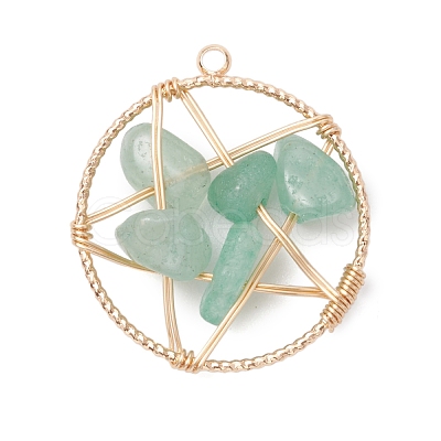 Natural Green Aventurine Nuggets Copper Wire Wrapped Flat Round Pendants PALLOY-JF03038-04-1