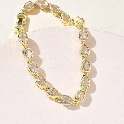 Teardrop Brass Micro Pave Clear Cubic Zirconia Link Chain Bracelets for Women BJEW-C156-07A-G-1