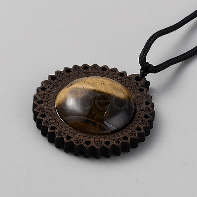 Natural Tiger Eye & Wood Flower Pendant Necklace with Adjustable Nylon Cords NJEW-WH0002-118A-1