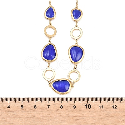 304 Stainless Steel Blue Glass Teardrop Ring Link Chian Necklaces for Women NJEW-D326-03G-1