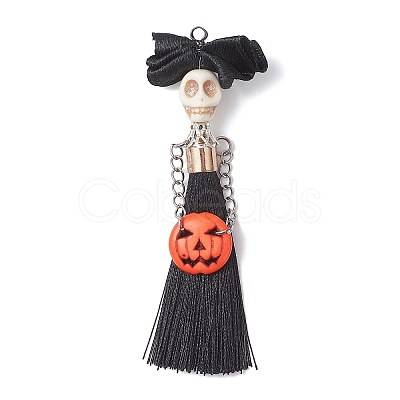 Halloween Dyed Synthetic Turquoise & Polyester Tassel Big Pendants PALLOY-JF04538-1