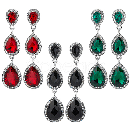3 Pairs 3 Colors Glass Teardrop Dangle Stud Earrings with Rhinestone EJEW-AN0003-98-1