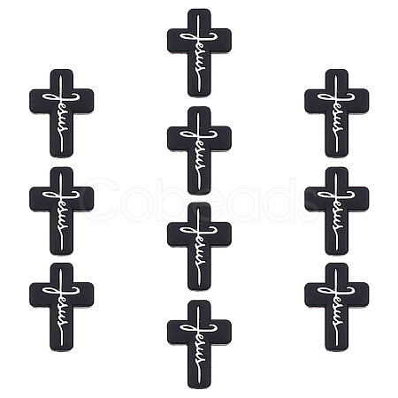 Olycraft 10Pcs Cross with Word Jesus Silicone Beads SIL-OC0001-21-1