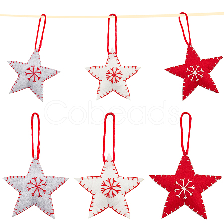 6Pcs 3 Colors Star with Snowflake Felt Fabric Pendant Decoration HJEW-CP0001-09-1