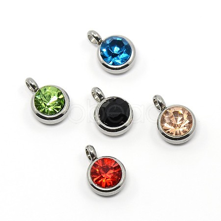 Trendy Original Color 304 Stainless Steel Grade A Rhinestone Flat Round Charm Pendants RB-M030-06-1