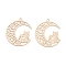 Long-Lasting Plated Brass Pendants, Cat with Moon, Light Gold, 21x19x0.3mm, Hole: 1mm