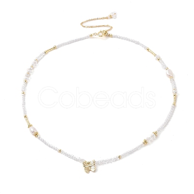 Brass Butterfly Pendant Natural Pearl Necklaces NJEW-L119-05G-1