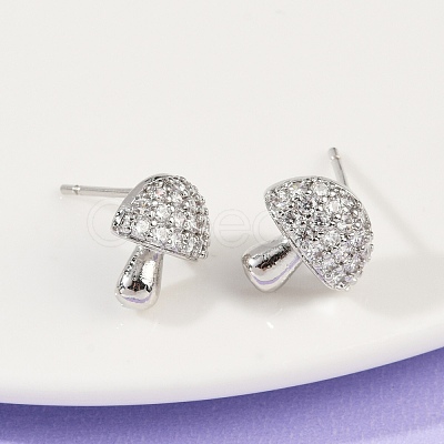 Mushroom Brass Micro Pave Clear Cubic Zirconia Stud Earrings LS-EJEW-F895-17P-1