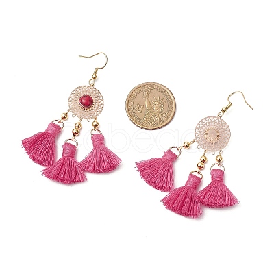 Flat Round 304 Stainless Steel Polycotton Tassel Chandelier Earrings EJEW-JE06452-02-1