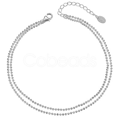 Anti-Tarnish Rhodium Plated 925 Sterling Silver Multi-strand Ball Chain Anklet with Tiny Oval Charm JA190A-1