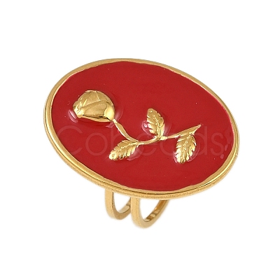 Oval with Rose Pattern 304 Stainless Steel Enamel Finger Rings for Women RJEW-G355-10G-02-1
