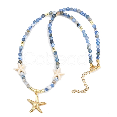 Synthetic Turquoise & Dyed Natural Agate Faceted Round Beaded Starfish 304 Stainless Steel Pendant Necklaces for Women NJEW-JN05458-02-1