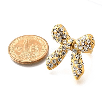 Bowknot 304 Stainless Steel Rhinestone Cuff Rings for Women RJEW-A058-01B-G-1