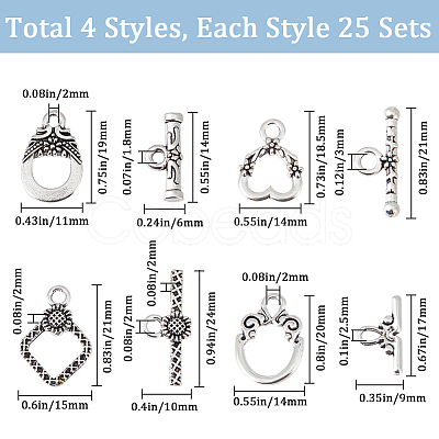 100Pcs 4 Styles Tibetan Style Alloy Toggle Clasps FIND-SC0008-04-1