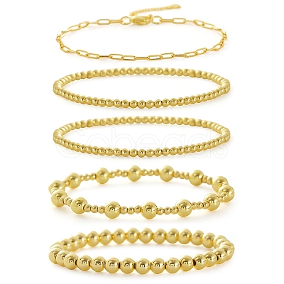 4Pcs 4 Styles Brass Round Beads Stretch Bracelets & Chain Bracelets for Women BJEW-D357-05G-1