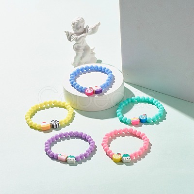 Candy Color Plastic Round Beaded Stretch Bracelet with Food Shape Polymer Clay for Kid BJEW-JB07582-1