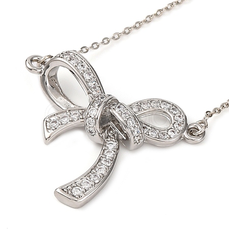 Brass Micro Pave Clear Cubic Zirconia Bowknot Pendant Necklaces NJEW-F326-04P-1