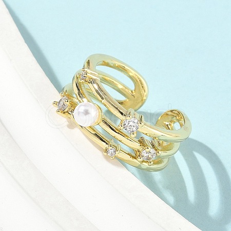 Brass Micro Pave Cubic Zirconia ABS Imitation Pearl Cuff Rings RJEW-D307-02G-B-1
