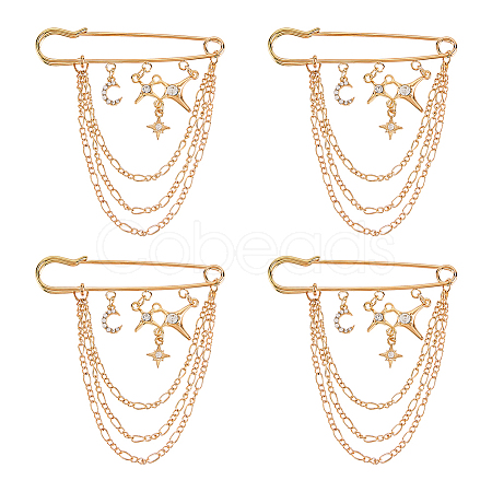 4Pcs Moon & Star Alloy Rhinestone Hanging Chain Brooch JEWB-FG0001-84A-1