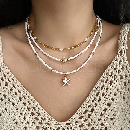 Summer Beach Alloy Starfish Pendant Glass Seed Beaded 3 Layer Necklaces for Women FS-WGF3BD7-01-1