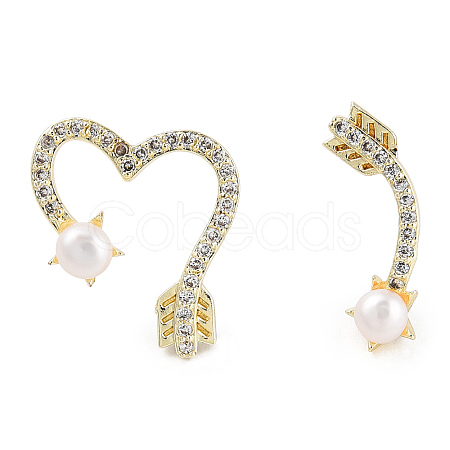 Clear Cubic Zirconia Arrow & Heart Asymmetrical Earrings with Natural Pearl Beaded EJEW-T019-06G-1