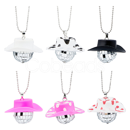 DICOSMETIC 6Pcs 6 Style Plastic Cap with Glass Disco Ball Pendant Necklace NJEW-DC0001-02-1