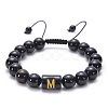 10MM Natural Black Onyx(Dyed & Heated) and Tiger Eye Alphabet Round Braided Bead Adjustable Bracelets for Women DM6424-13-1