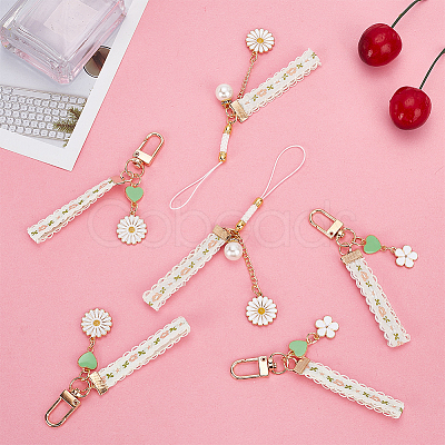 DELORIGIN 12Pcs 3 Style Alloy Enamel Mobile Straps Pearl Flower Lanyard Wrist KEYC-DR0001-12-1