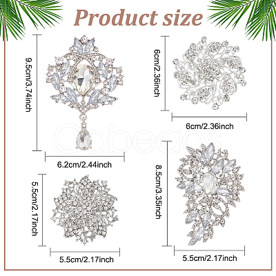 4Pcs 4 Style Rhinestone Flower Brooch Pins JEWB-AN0001-04-1