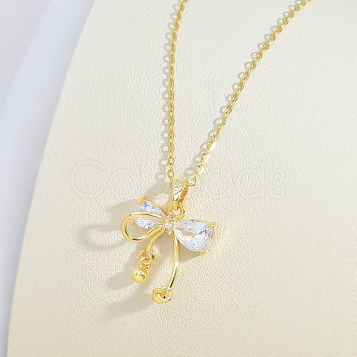 Brass Pave Clear Cubic Zirconia Bowknot Pendant 304 Stainless Steel Cable Chain Necklaces for Women WGC29E2-01-1