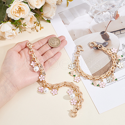 2Pcs Imitation Pearl & Alloy Pink Enamel Flower Tassel Bag Decorative Chains AJEW-BBC0001-06-1