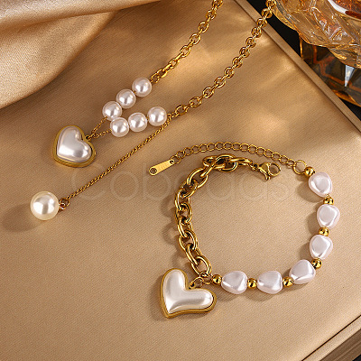 Heart 304 Stainless Steel & Plastic Imitation Pearl Pendant Necklaces & Charm Bracelets Sets FS-WGD716F-03-1