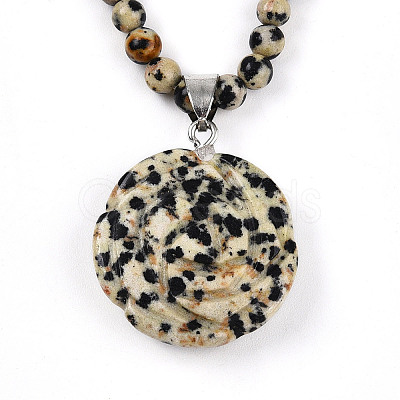 Natural Dalmatian Jasper 4.5mm Round Beaded Flower Pendant Necklaces NJEW-T016-04H-1