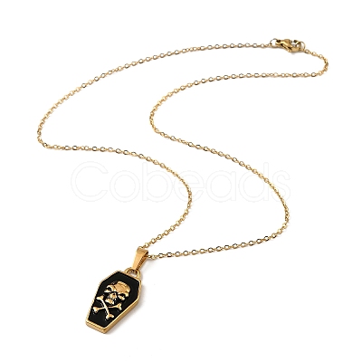 Halloween Theme 304 Stainless Steel Black Enamel Coffin with Skull Pendant Necklaces for Men LS-NJEW-Z090-01G-1