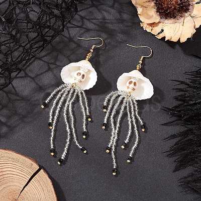304 Stainless Steel Dyed Synthetic Turquoise & Natural Black Onyx & Glass Seed Beaded Dangle Earrings EJEW-MZ00530-02-1
