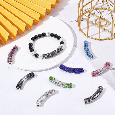 16Pcs 8 Style Brass Rhinestone & Polymer Clay Rhinestone Curved Tube Beads RB-SC0001-07-1