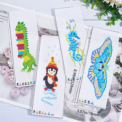 Gorgecraft 4 Sets 4 Style DIY Sea Horse/Penguin/Dinosaur/Butterfly Pattern PP Bookmarks Cross Stitch Kits DIY-FG0004-07-1