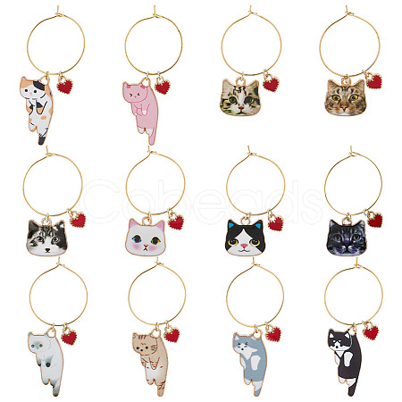 BENECREAT 12 Pcs 12 Style Cat Theme Alloy Enamel Wine Glass Charms AJEW-BC0003-89-1