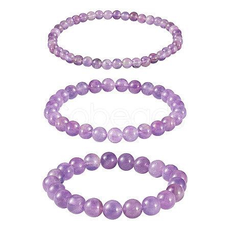 3Pcs Natural Amethyst Beads Stretch Bracelets for Women BJEW-TAC0033-1