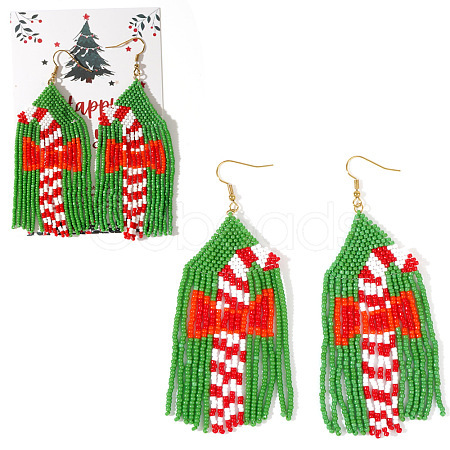 Red Cane Tassel Glass Seed Beads Dangle Earrings OX3182-1
