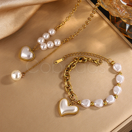 Heart 304 Stainless Steel & Plastic Imitation Pearl Pendant Necklaces & Charm Bracelets Sets FS-WGD716F-03-1