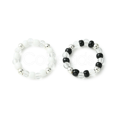 2Pcs 2 Color Acrylic & Glass Seed Beaded Stretch Rings Set for Women RJEW-JR00593-1